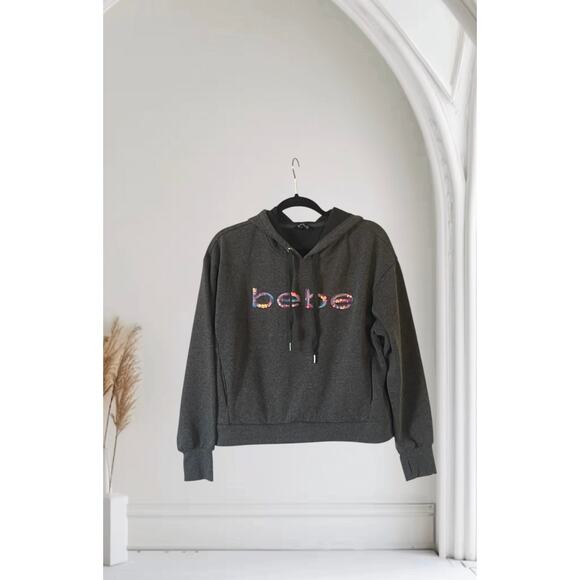 BEBE Charcoal Sequin Hoodie Pockets Size Large - Picture 1 of 8